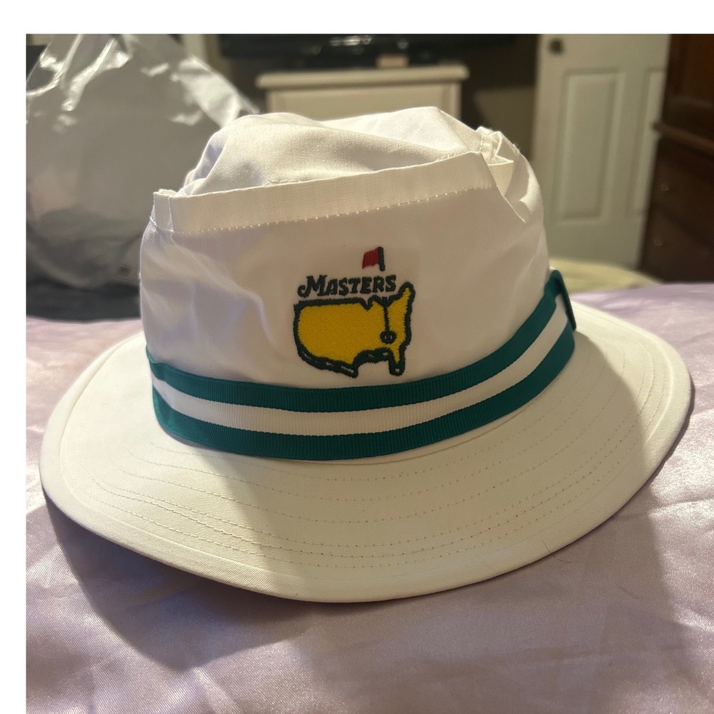 Masters American Needle White Bucket Hat Green Striped Band Size M Golf Augusta